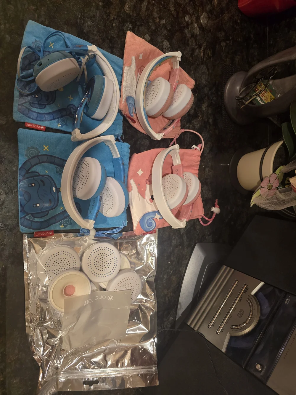 Onanoff Kids Headphones Set in Pink and Blue with White Ear Cups